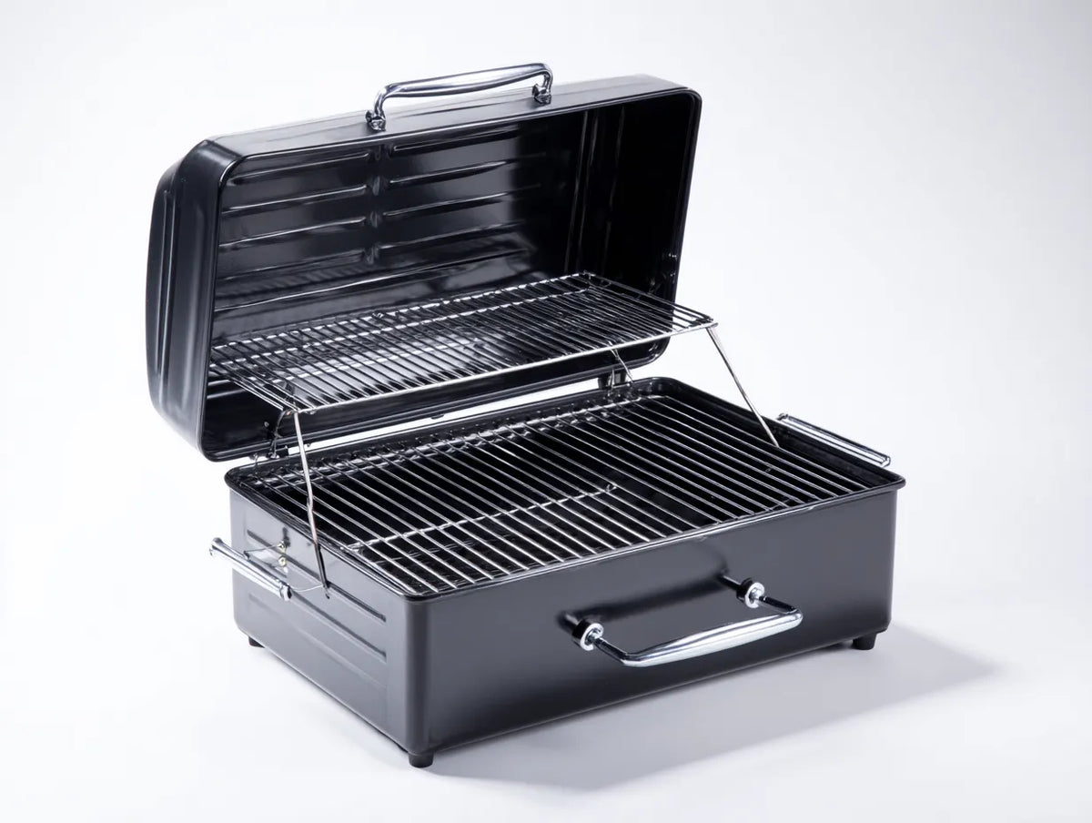Griglia per barbecue da esterno in metallo 58×42×33 cm - nero argento - barbecue portatile con coperchio e doppio piano di cottura