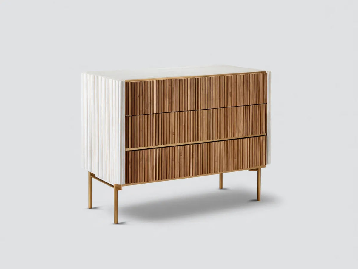 Armadio cassettiera in legno 125×47×88 cm - marrone/bianco - design lineare rialzato per camera da letto