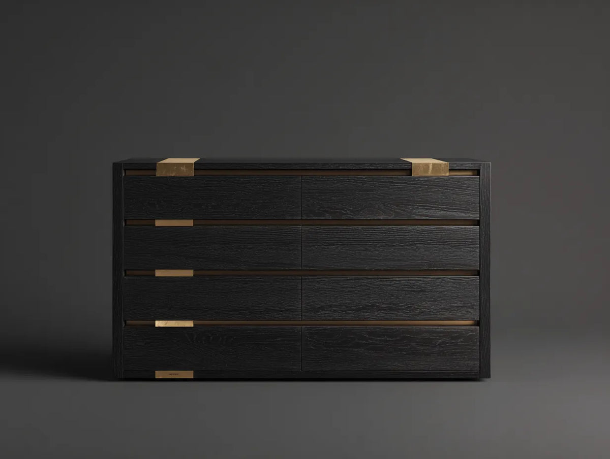 Armadio contenitore da camera da letto in legno 156×48×82 cm - nero oro - mobile basso con profilo lineare