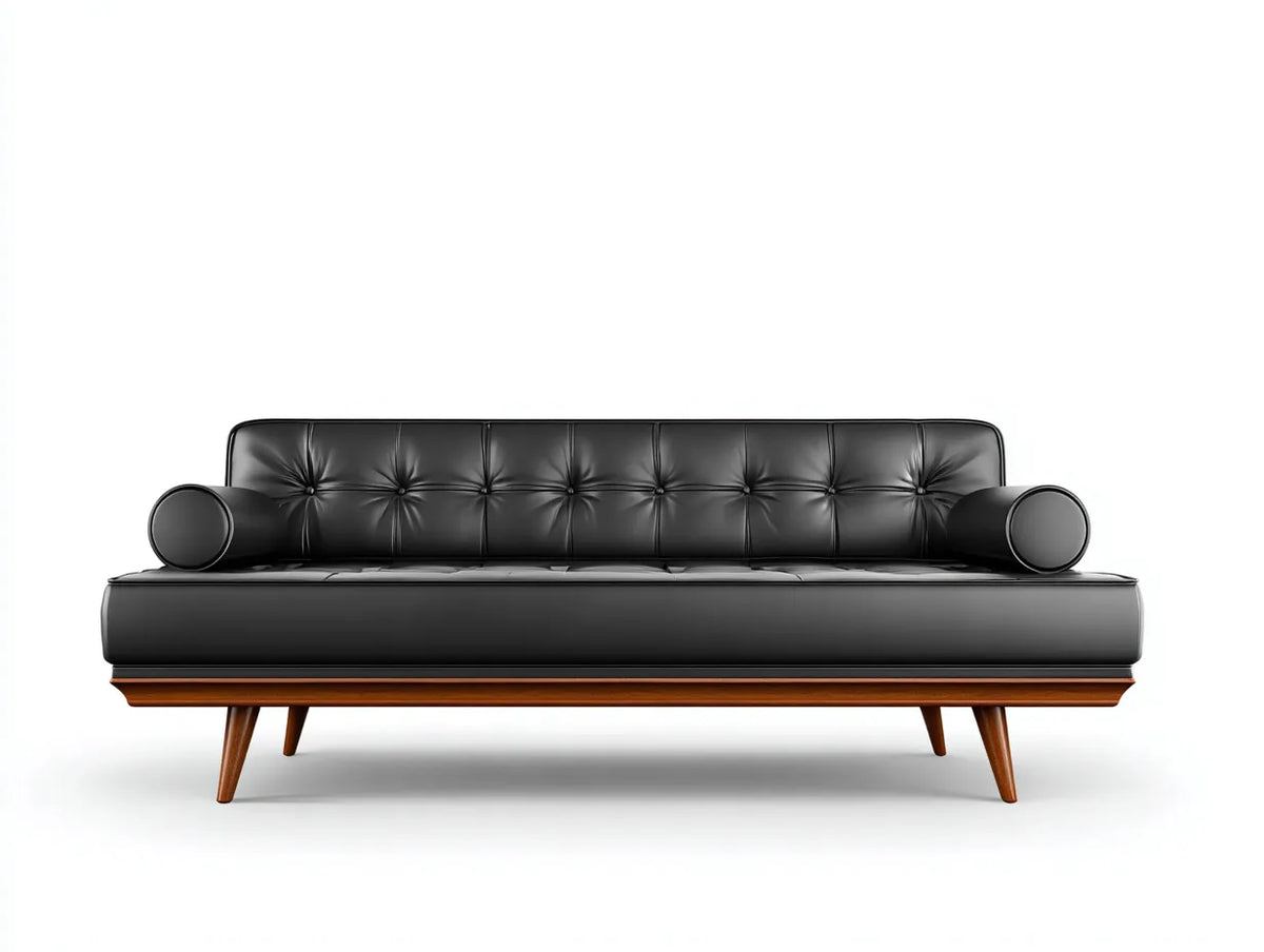 Divano da soggiorno in pelle 218×86×82 cm - nero marrone - stile rétro con base in legno