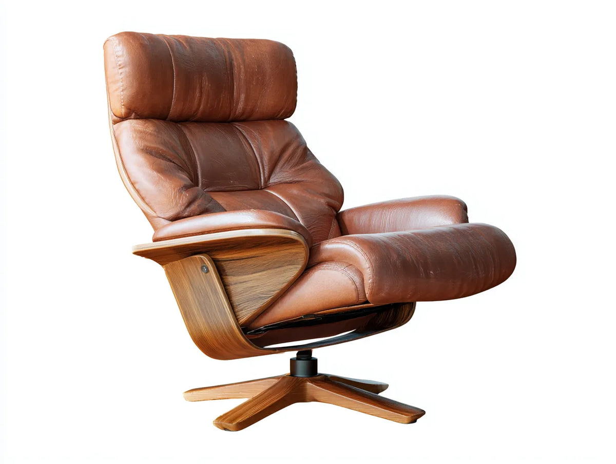 Poltrona reclinabile Soggiorno 82×90×108 cm - pelle marrone e legno - schienale alto girevole