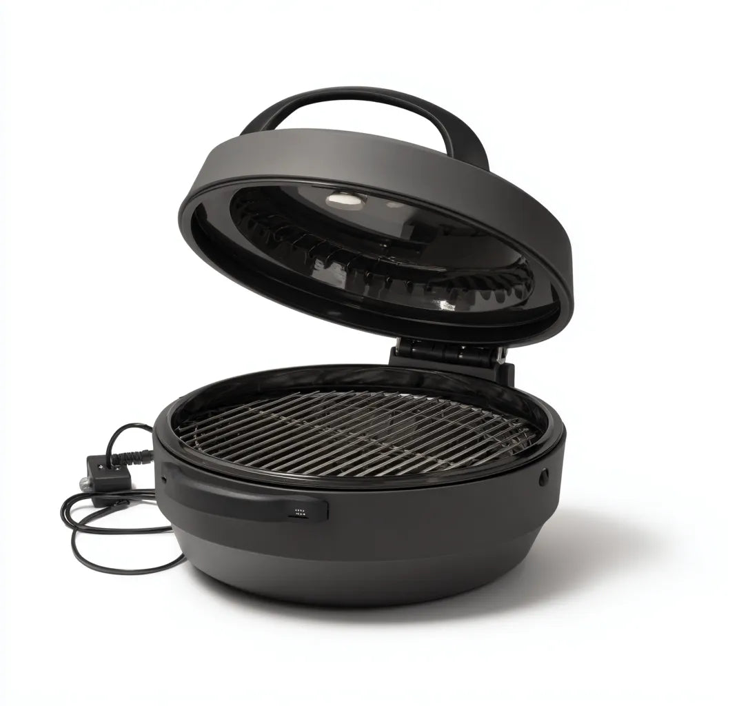 Griglia per barbecue elettrica all'aperto in metallo 55×55×35 cm - nero - compatta con coperchio