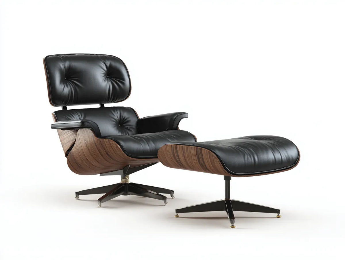 Poltrona reclinabile con ottomana in pelle e legno 148×90×100 cm - nero/marrone - stile lounge per soggiorno