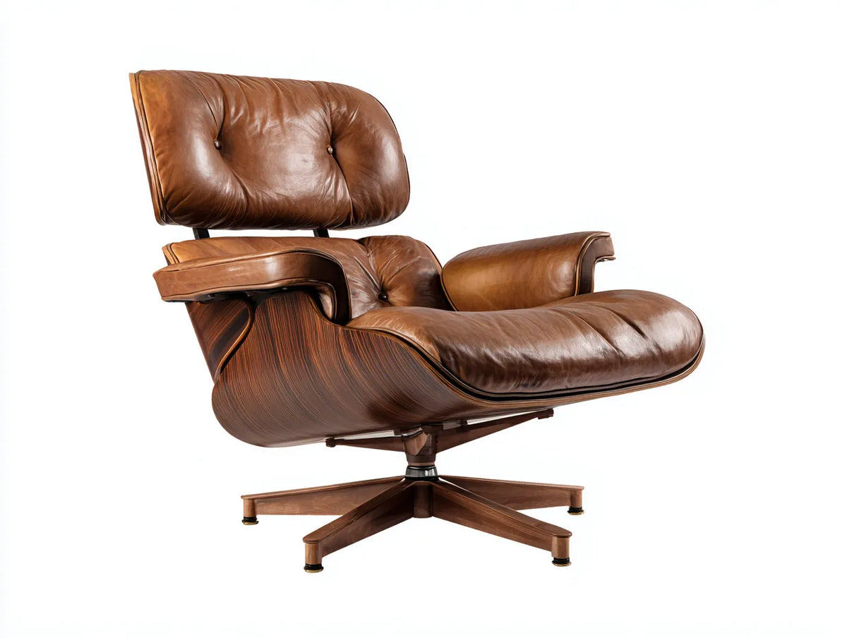 Poltrona reclinabile Soggiorno 86×88×101 cm - pelle marrone e legno - girevole stile mid-century