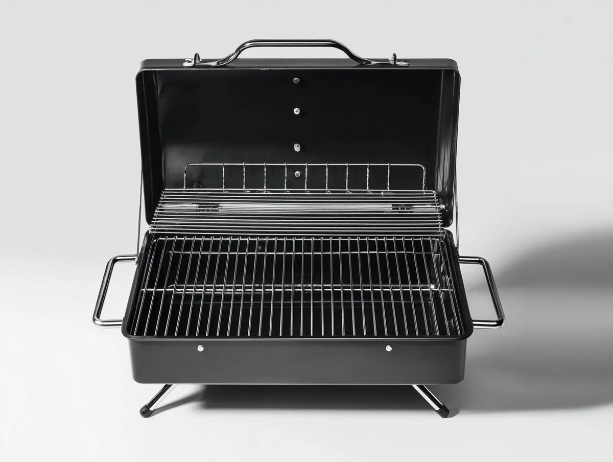 Griglia per barbecue da esterno in metallo 60×44×35 cm - nero argento - braciere compatto con griglia rialzata e maniglie