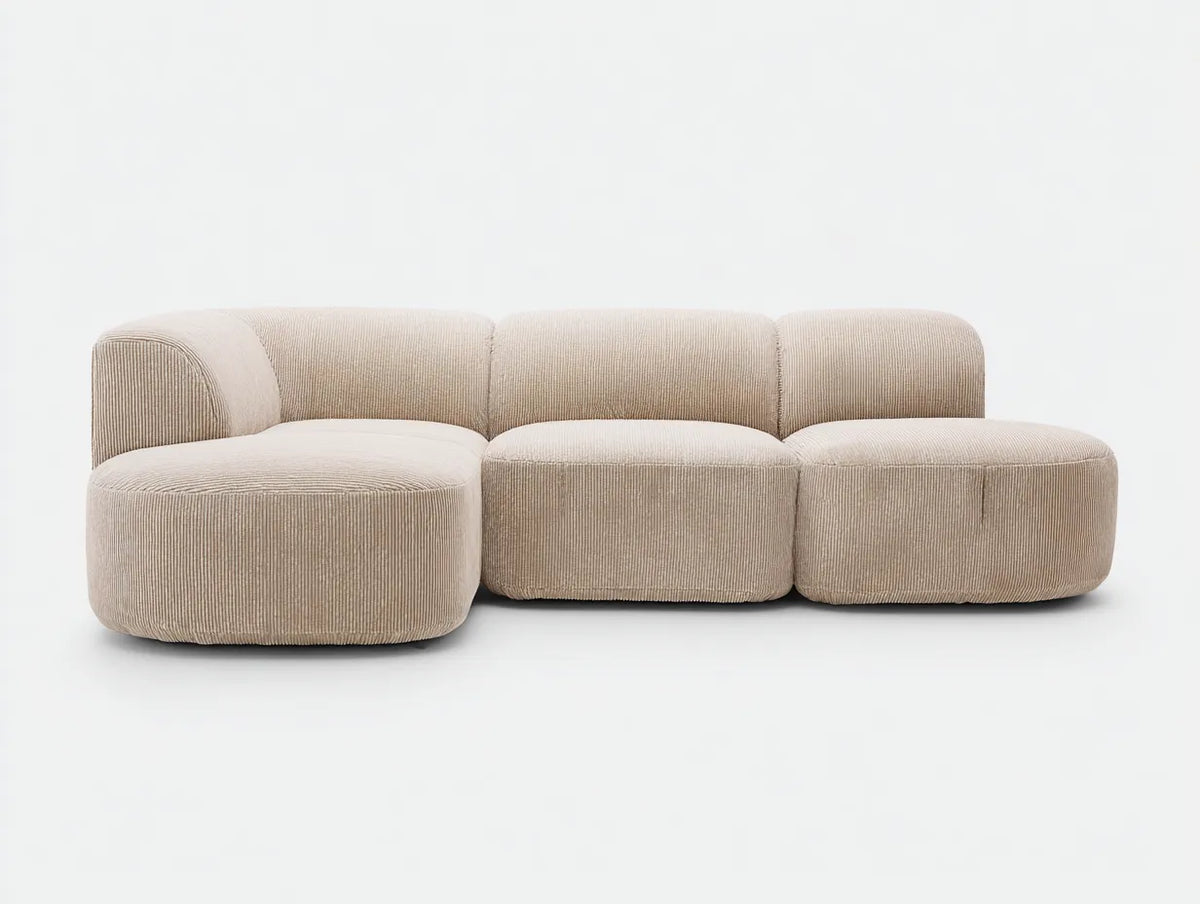 Divano modulare da soggiorno in tessuto 265×108×72 cm - beige chiaro - forme arrotondate con rivestimento a coste